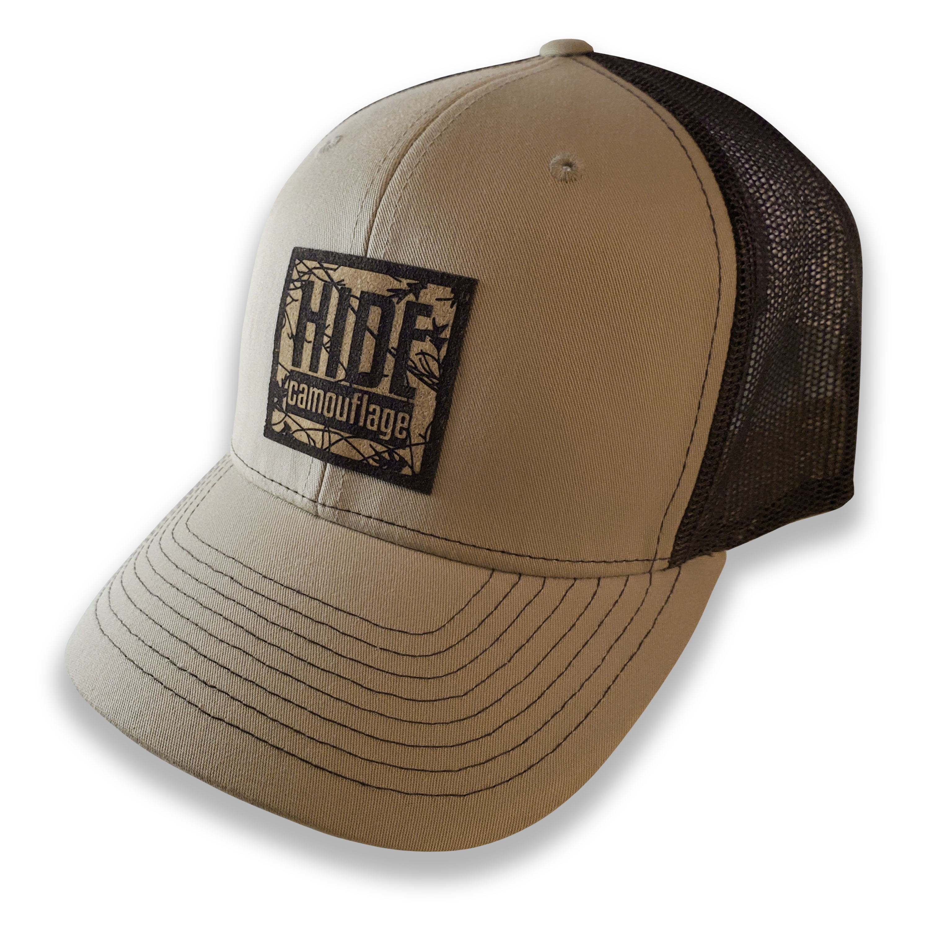 HIDE Camo Logo Cork Patch Khaki Fabric/Coffee Mesh 6 Panel Trucker Hat