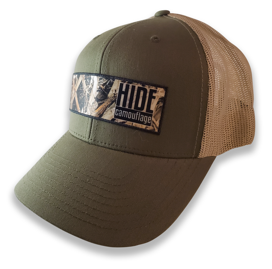 HIDE Camo Corn Patch Moss Fabric/Khaki Mesh 6 Panel Trucker Hat