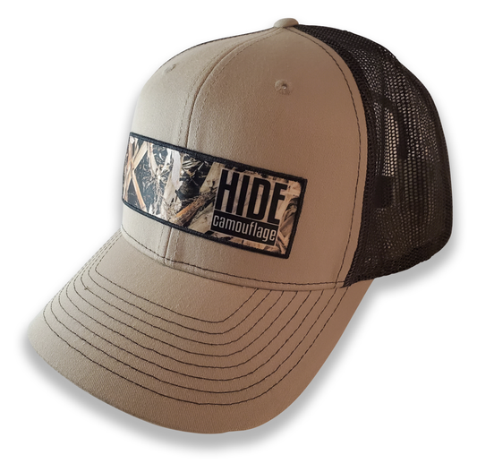 HIDE Camo Corn Patch Khaki Fabric/Coffee Mesh 6 Panel Trucker Hat