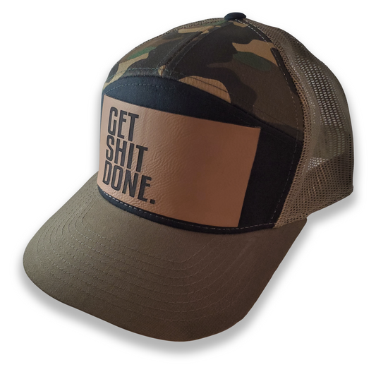 HIDE Camo "GET SHIT DONE" Patch Camo/Black/Olive 7 Panel Flat Brim Trucker Hat