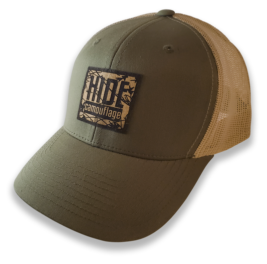 HIDE Camo Logo Cork Patch Moss Fabric/Khaki Mesh 6 Panel Trucker Hat