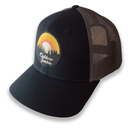 HIDE Camo "Outdoor Junkie" Patch Black Fabric/Charcoal Mesh 6 Panel Trucker Hat