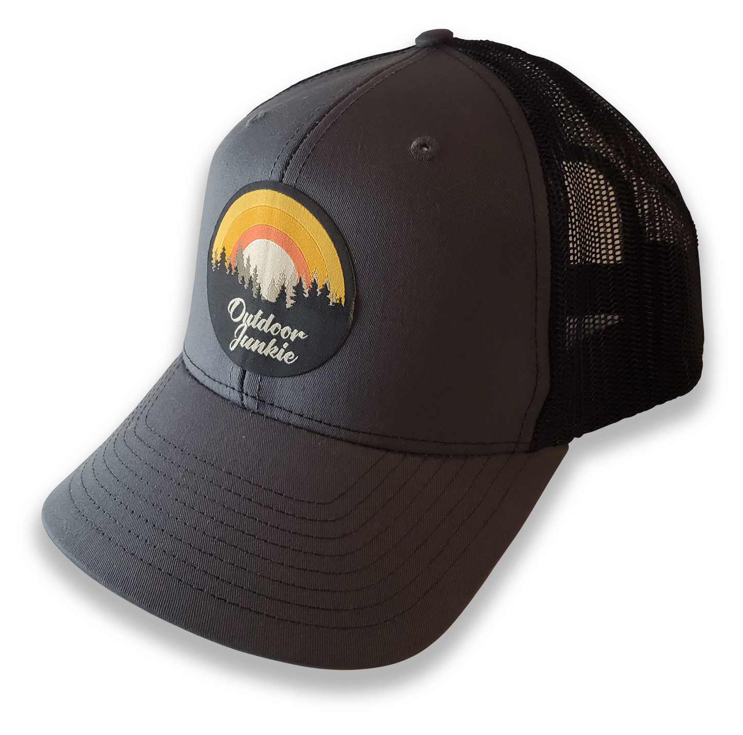 HIDE Camo "Outdoor Junkie" Patch Charcoal Fabric/Black Mesh 6 Panel Trucker Hat